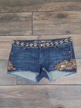 Express size 12 Dark Indigo Denim Shorts with Bronze Sequin Embellishments
